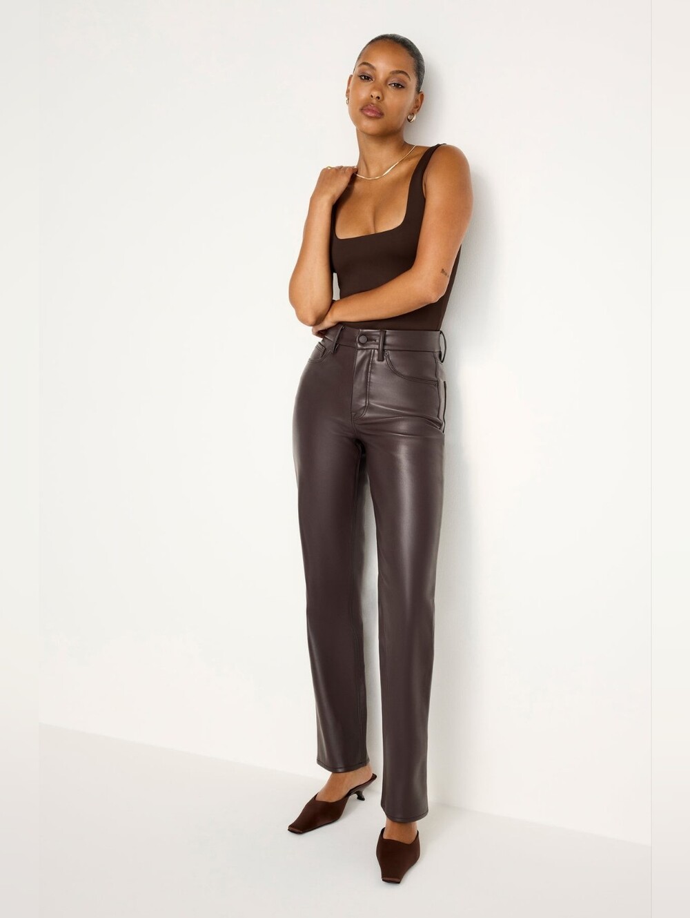 Good American Good Icon Better Than Leather Straight Leg Pants Brown Size 12
